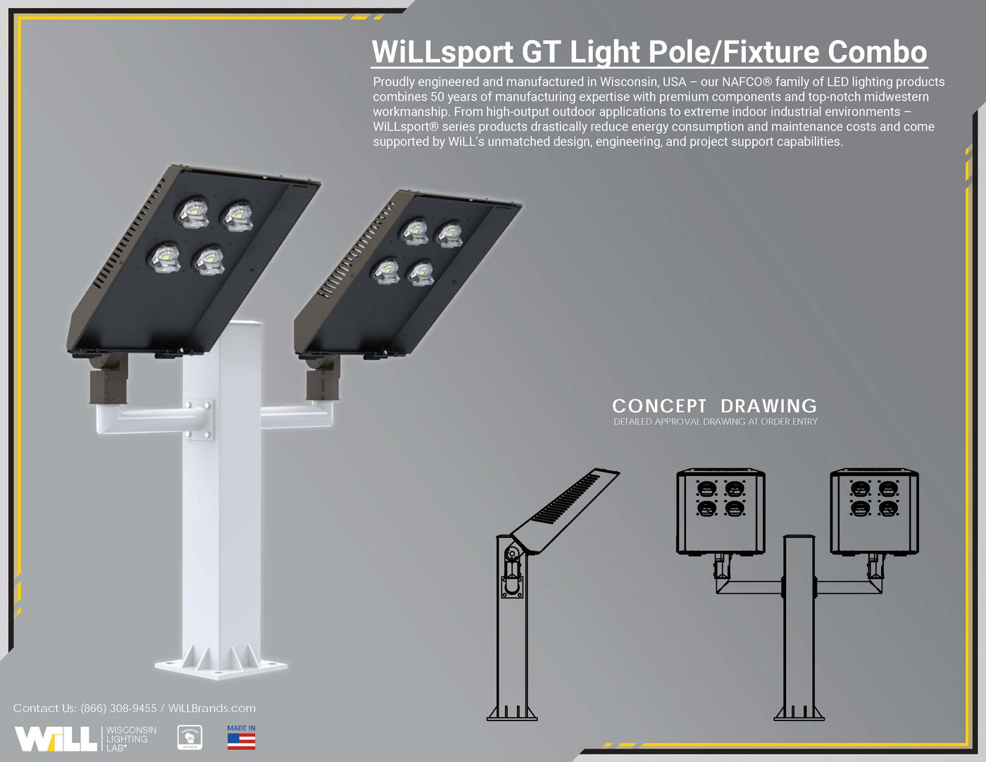 WiLLsport® GT Light Pole + Fixture Combo with Bullhorn