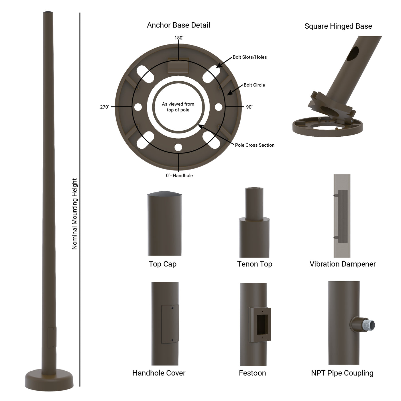 Round Tapered Aluminum Hinged Base Light Pole - Features and Details
