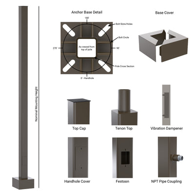 Square Straight Aluminum Custom Anchor Base Light Pole - Features and Details