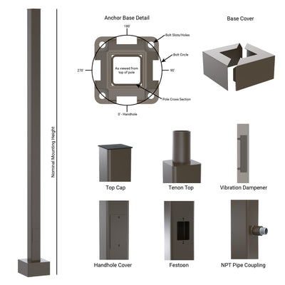 Square Straight Aluminum Standard Anchor Base Light Pole - Features and Details