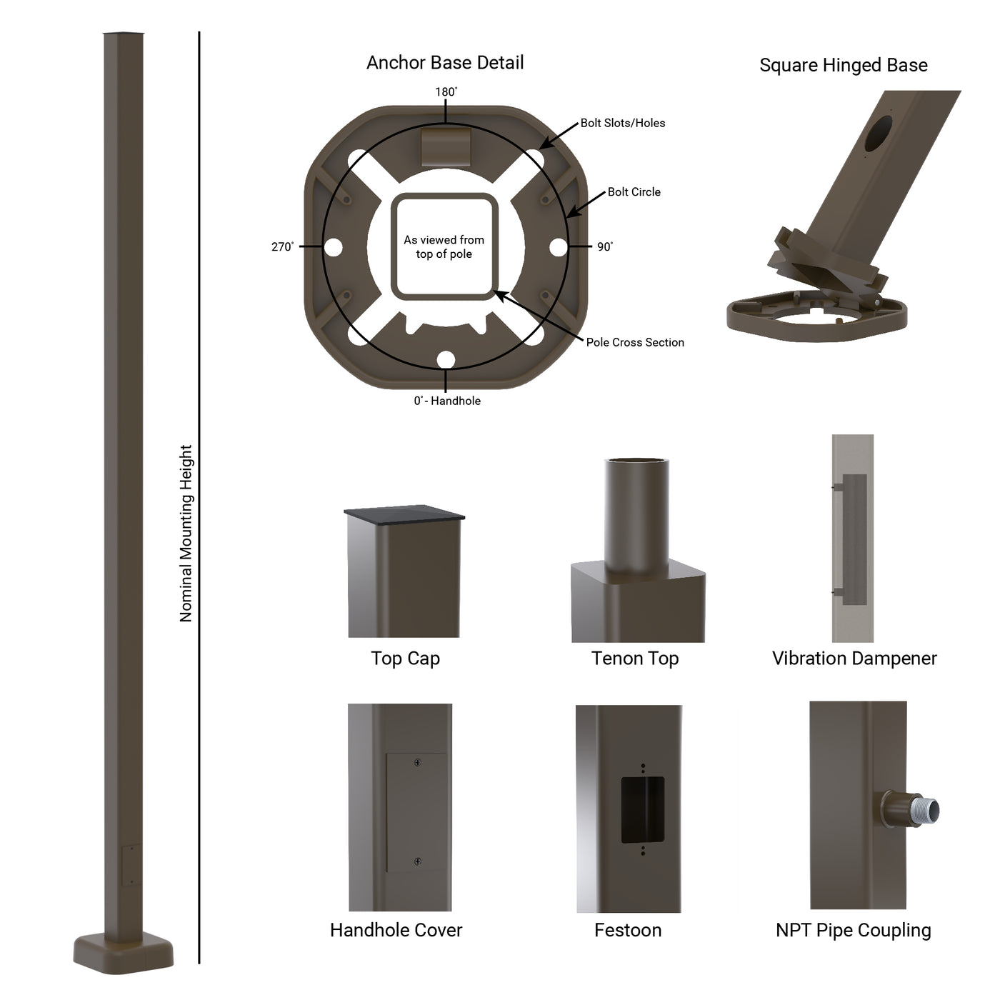 Square Straight Aluminum Hinged Base Light Pole - Features and Details