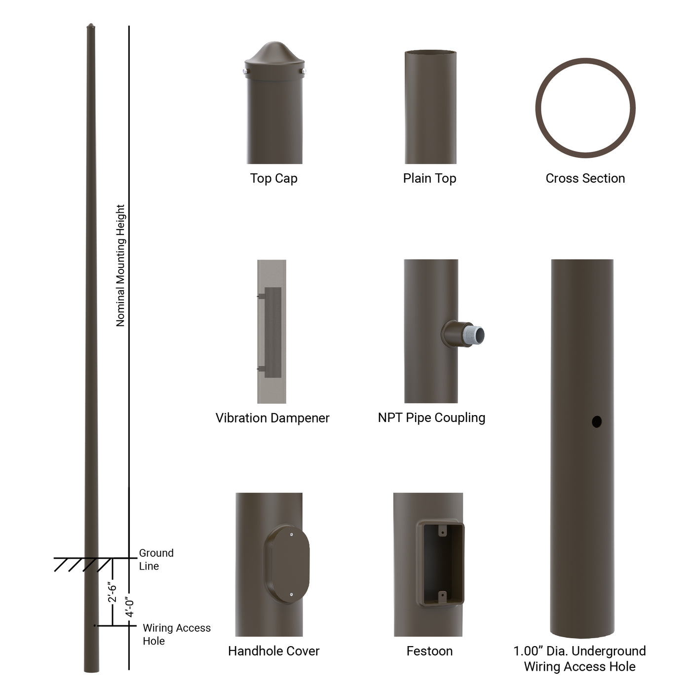 Round Tapered Steel Direct Burial Light Pole - Features and Details