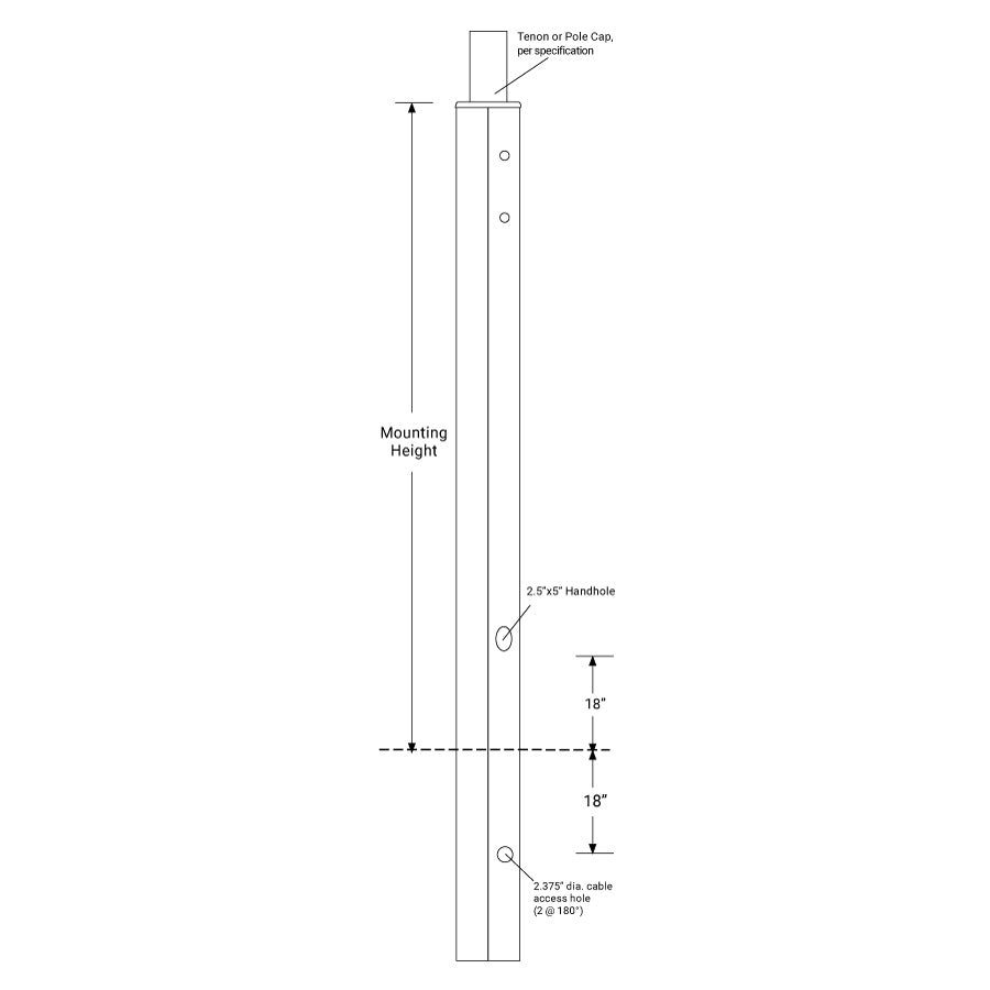 Square Straight Fiberglass Direct Burial Light Pole - Full Pole Line Drawing Detail